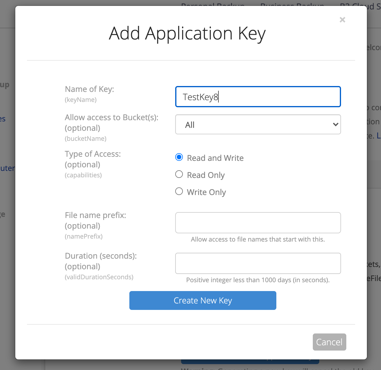 backblaze personal backup application key