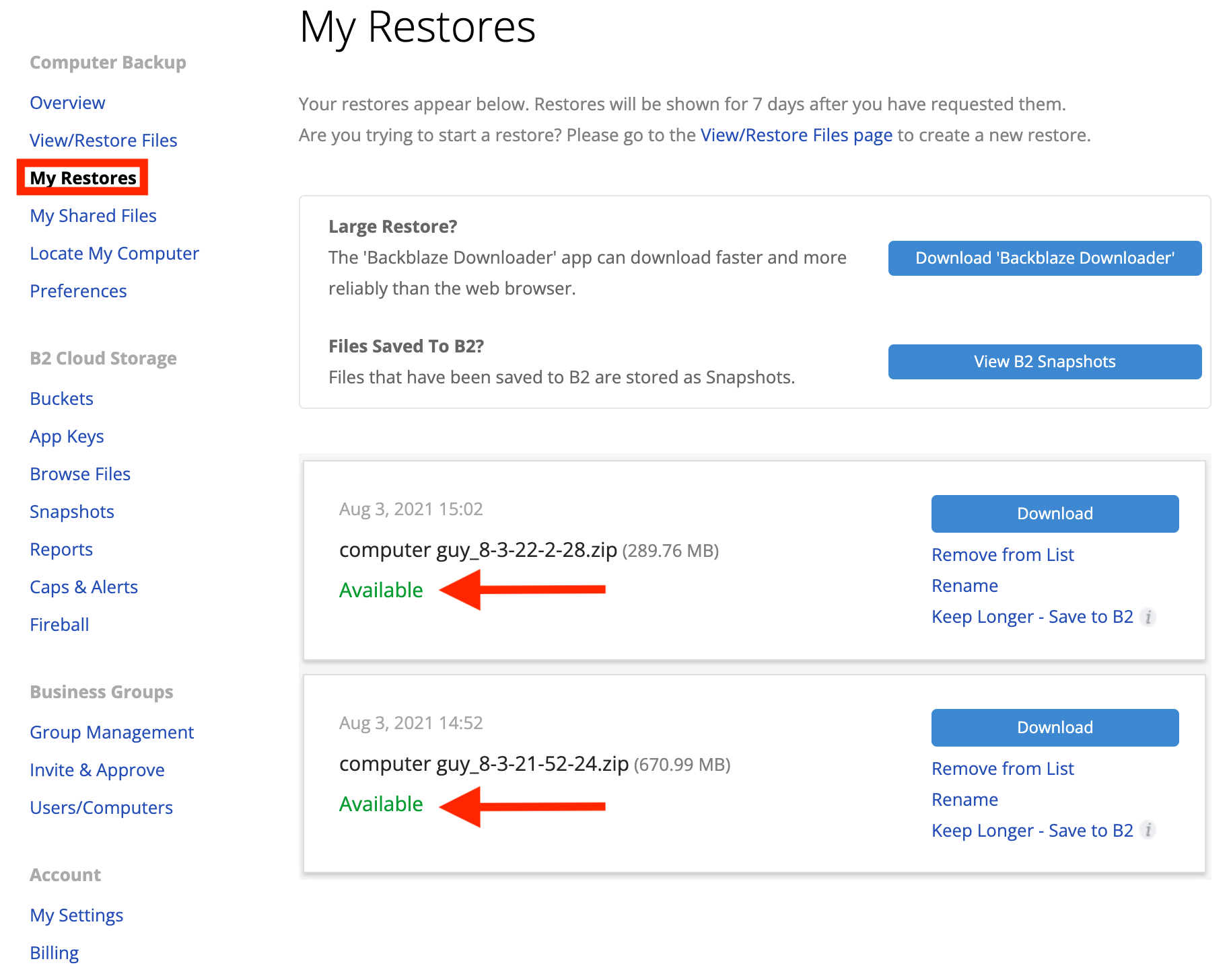 backblaze restore preview