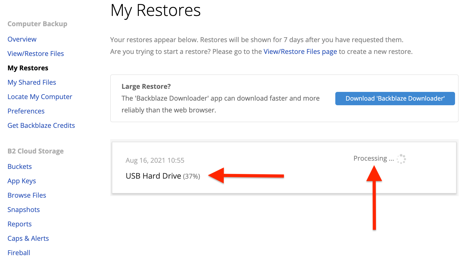 backblaze restore file date