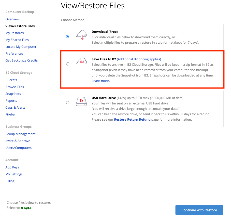 backblaze restore limit