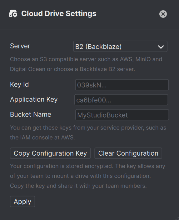 The connect Cloud Drive settings in Anchorpoint to configure a Backblaze cloud drive